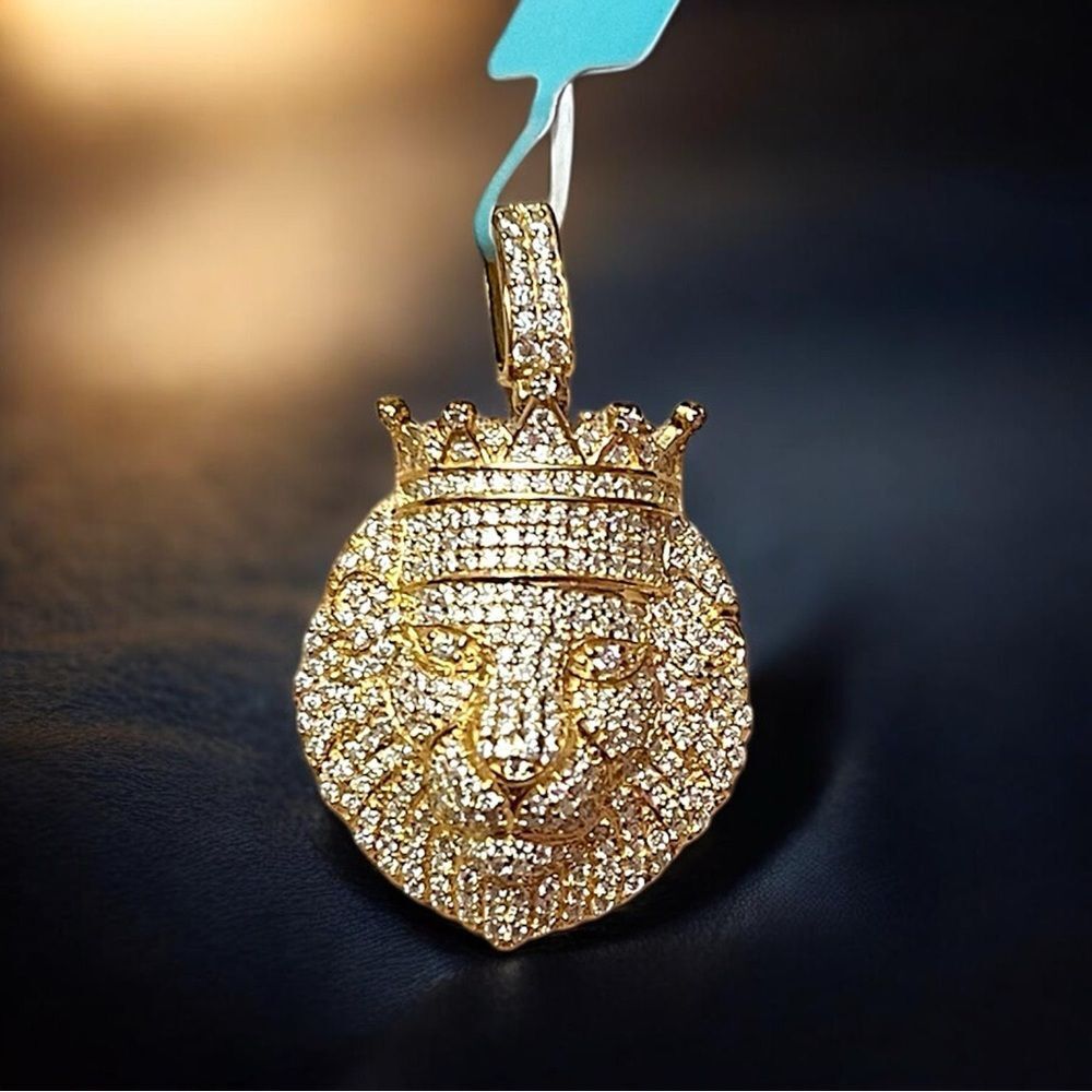 Gold Over Sterling Silver Moissanite Pavé Lion Crown Pendant